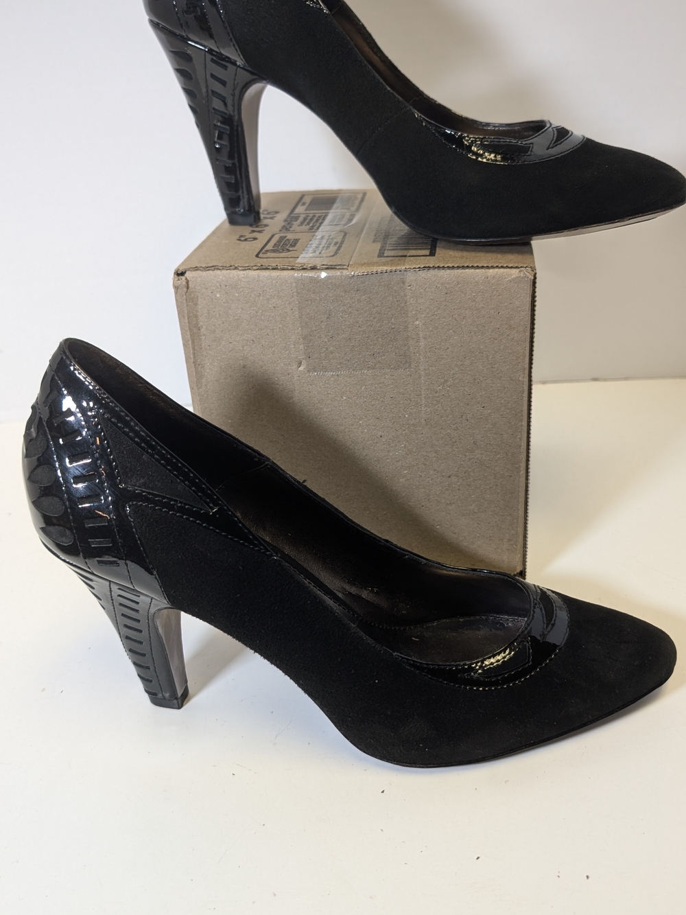 Isola Black Suede and Patent Trim Pointed-Toe Pumps